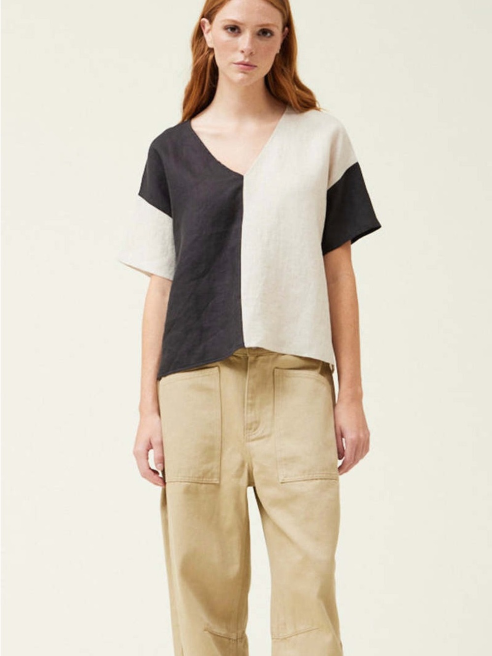 Grade & gather two tone linen blouse coal cream small